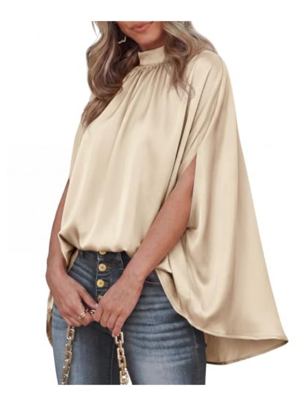 Mock Neck Batwing Sleeve Satin Blouse Loose Fit Work Top